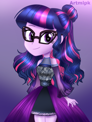 Size: 1536x2048 | Tagged: safe, artist:artmlpk, sci-twi, twilight sparkle, equestria girls, g4, alternate hairstyle, beautiful, clothes, curly hair, cute, digital art, dress, fashion, female, glasses, looking at you, outfit, smiling, smiling at you, solo, twiabetes