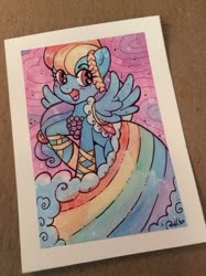 Size: 600x804 | Tagged: safe, artist:marybellamy, rainbow dash, pegasus, pony, g4, clothes, commissioner:ajnrules, dress, female, gala dress, grand galloping gala, looking at you, mare, solo, traditional art, watercolor painting