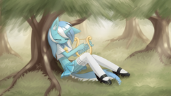 Size: 1920x1080 | Tagged: safe, artist:howxu, lyra heartstrings, unicorn, anthro, unguligrade anthro, g4, belly button, clothes, cute, eyes closed, female, forest, lyre, mare, mary janes, midriff, miniskirt, musical instrument, pleated skirt, schrödinger's pantsu, shoes, short shirt, skirt, socks, solo, thigh highs, tree, zettai ryouiki