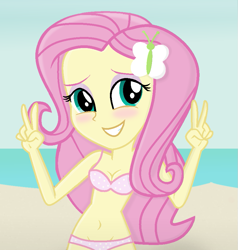 Size: 855x900 | Tagged: safe, artist:grapefruitface1, fluttershy, equestria girls, g4, beach, belly button, blushing, breasts, cleavage, clothes, female, gradient background, looking at you, polka dot underwear, seaside, show accurate, solo, underwear, victory sign