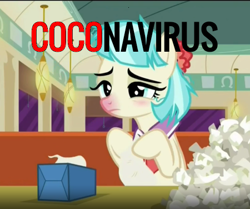 Size: 450x376 | Tagged: safe, edit, edited screencap, screencap, coco pommel, earth pony, pony, g4, the saddle row review, coronavirus, covid-19, cropped, female, handkerchief, lidded eyes, pun, runny nose, sad, sick, solo, text, this will not end well, tissue, tissue box, why