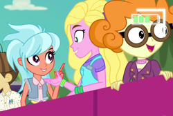 Size: 1226x824 | Tagged: safe, screencap, frosty orange, sandy cerise, scribble dee, wiz kid, equestria girls, equestria girls series, five lines you need to stand in, g4, spoiler:eqg series (season 2), clothes, cropped, cute, female, glasses, male, open mouth, outdoors, overalls, scribblebetes, smiling