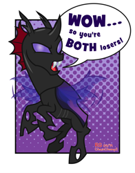 Size: 3300x4200 | Tagged: safe, artist:chainchomp2, pharynx, changeling, g4, to change a changeling, dialogue, flying, halftone effect, high res, male, pharynx is not amused, rearing, solo, speech bubble, unamused, vector