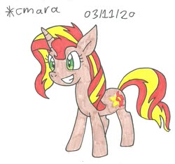 Size: 998x938 | Tagged: safe, artist:cmara, sunset shimmer, pony, unicorn, g4, cute, female, grin, mare, shimmerbetes, simple background, smiling, solo, traditional art, white background