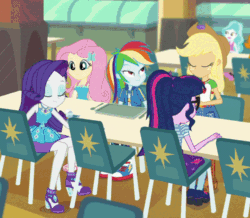 Size: 600x522 | Tagged: safe, screencap, applejack, fluttershy, pinkie pie, rainbow dash, rarity, sci-twi, sunset shimmer, twilight sparkle, equestria girls, equestria girls series, forgotten friendship, g4, animated, cafeteria, camera pan, cropped, female, food, frustrated, humane five, humane seven, humane six, plate, pushing