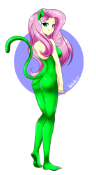 Size: 2479x4500 | Tagged: safe, artist:danmakuman, fluttershy, equestria girls, g4, animal costume, anime, ass, bare shoulders, bodysuit, breasts, busty fluttershy, butt, cat costume, cat ears, catgirl, catsuit, clothes, costume, cute, female, high res, looking at you, looking back, looking back at you, shyabetes, simple background, sleeveless, smiling, solo, strapless, stupid sexy fluttershy, suit, transparent background, unitard