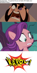 Size: 796x1561 | Tagged: safe, artist:mega-poneo, edit, edited screencap, screencap, spoiled rich, earth pony, human, pony, crusaders of the lost mark, g4, angry, comic, crossover, dialogue, female, kapow, male, mare, mulan, punch, screencap comic, yao