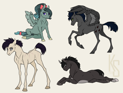 Size: 2000x1500 | Tagged: safe, artist:dementra369, oc, oc only, oc:coffin, oc:morgana stein, oc:noize, oc:ruby drop, earth pony, pegasus, pony, unicorn, bow, female, filly, foal, looking at you, lying down, male, mare, scar, sitting, stallion, wings