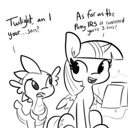 Size: 2250x2250 | Tagged: safe, artist:tjpones, spike, twilight sparkle, alicorn, dragon, pony, g4, ..., dialogue, ear fluff, fangs, female, grayscale, high res, horse taxes, magic, male, mare, monochrome, open mouth, simple background, tax evasion, tax fraud, telekinesis, this will end in jail time, this will not end well, twilight sparkle (alicorn), white background
