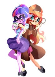 Size: 990x1388 | Tagged: safe, artist:tohupo, sci-twi, sunset shimmer, twilight sparkle, equestria girls, g4, clothes, coffee cup, cup, detective, detective shimmer, duo, duo female, female, hat, magnifying glass, sherlock shimmer, simple background, white background
