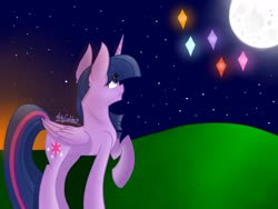 Size: 1280x960 | Tagged: safe, artist:misscandyt, twilight sparkle, alicorn, pony, g4, evening, female, grass, immortality blues, looking up, mare, moon, night, sad, signature, sky, solo, stars, twilight sparkle (alicorn), twilight will outlive her friends