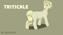 Size: 3566x2000 | Tagged: safe, artist:circumflexs, oc, oc only, oc:triticale, earth pony, pony, blank flank, blushing, earth pony oc, female, high res, looking back, mane, mare, ponified, simple background, solo, spots, tail, text