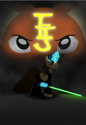 Size: 5876x8518 | Tagged: safe, artist:ejlightning007arts, oc, oc:ej, alicorn, pony, alicorn oc, clothes, cosplay, costume, crossover, cutie mark background, green, horn, jedi, lightsaber, looking back, magic, male, poster, solo, stallion, star wars, telekinesis, weapon