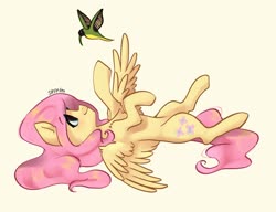 Size: 1996x1536 | Tagged: safe, artist:siripim111, fluttershy, bird, pegasus, pony, g4, chest fluff, cute, female, leg fluff, mare, on back, profile, shyabetes, simple background, solo, spread wings, wings, yellow background