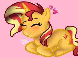 Size: 2048x1536 | Tagged: artist needed, safe, sunset shimmer, pony, unicorn, g4, cute, eyes closed, female, heart, mare, pink background, prone, shimmerbetes, simple background, solo