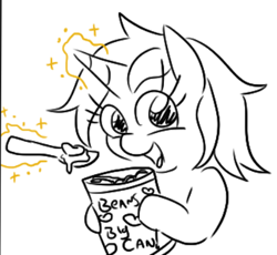 Size: 409x376 | Tagged: safe, artist:jargon scott, lyra heartstrings, pony, unicorn, g4, beans, can, canned food, female, food, herbivore, l.u.l.s., levitation, lineart, mare, monochrome, partial color, solo, spoon, telekinesis, this will end in farts