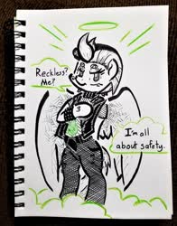 Size: 800x1022 | Tagged: safe, artist:shoeunit, lightning dust, pegasus, pony, semi-anthro, g4, arm hooves, blatant lies, clothes, dialogue, female, halo, mare, solo, traditional art