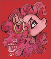 Size: 1280x1473 | Tagged: safe, artist:laps-sp, pinkie pie, pony, g4, bust, ear piercing, earring, female, gypsy pie, jewelry, piercing, portrait, red background, simple background, solo