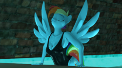 Size: 3840x2160 | Tagged: safe, alternate version, artist:epsilonwolf, rainbow dash, pegasus, anthro, plantigrade anthro, g4, 3d, breasts, busty rainbow dash, cleavage, clothes, eyes closed, female, high res, indoor swimming pool, indoors, nexgen, one-piece swimsuit, solo, source filmmaker, swimming pool, swimsuit, water, wet, wet mane, wings