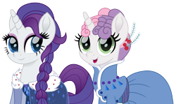 Size: 2348x1400 | Tagged: safe, artist:cloudy glow, rarity, sweetie belle, pony, unicorn, g4, alternate hairstyle, anna, anna (frozen), belle sisters, clothes, crossover, cute, diasweetes, disney, dress, duo, elsa, female, frozen (movie), movie accurate, princess anna belle, queen elsarity, siblings, simple background, sisters, transparent background