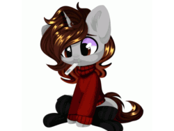 Size: 800x600 | Tagged: safe, artist:thieftea, oc, oc only, oc:shruggy, pony, unicorn, animated, blinking, clothes, gif, runny nose, sick, socks, solo, sweater, thermometer