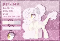 Size: 1280x877 | Tagged: safe, artist:sugaryicecreammlp, oc, oc only, oc:baby moo, cow, cow pony, pony, female, horns, mare, reference sheet, solo
