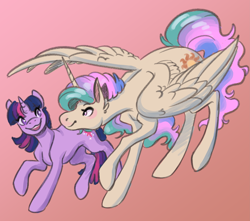 Size: 5677x5022 | Tagged: safe, artist:faline-art, princess celestia, twilight sparkle, alicorn, pony, unicorn, g4, cute, duo, female, gradient background, looking at each other, mare, raised hoof, smiling, spread wings, unicorn twilight, wings