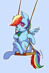 Size: 2000x3000 | Tagged: safe, artist:foxcarp, rainbow dash, pegasus, pony, g4, backwards cutie mark, chest fluff, commission, cute, dashabetes, ear fluff, female, happy, high res, mare, simple background, smiling, solo, swing, underhoof, ych result