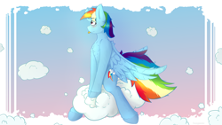 Size: 2560x1440 | Tagged: safe, artist:fuzzypones, rainbow dash, pegasus, pony, g4, :p, blushing, chest fluff, cloud, female, riding, sitting, sky, solo, tongue out