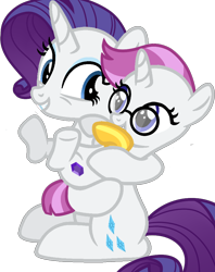 Size: 796x1004 | Tagged: safe, artist:incendiarymoth, rarity, oc, pony, unicorn, g4, amputee, female, filly, glasses, magical lesbian spawn, mare, mother and child, mother and daughter, offspring, older, parent:maud pie, parent:rarity, parents:rarimaud, prosthetic leg, prosthetic limb, prosthetics, simple background, transparent background