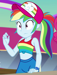 Size: 623x816 | Tagged: safe, screencap, rainbow dash, equestria girls, equestria girls series, g4, spring breakdown, spoiler:eqg series (season 2), baseball cap, belly, cap, clothes, cropped, cruise outfit, cute, dashabetes, exposed belly, female, front knot midriff, geode of super speed, hat, magical geodes, midriff, pants, ponytail, raised arm, shirt, sleeveless, sleeveless shirt, solo, standing, surprised, tank top, wide eyes, wristband, yacht