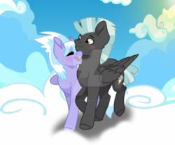 Size: 1280x1064 | Tagged: safe, artist:hate-love12, cloudchaser, thunderlane, pegasus, pony, g4, base used, blushing, cloudsdale, deviantart watermark, female, low quality, male, mare, obtrusive watermark, ship:thunderchaser, shipping, straight, watermark