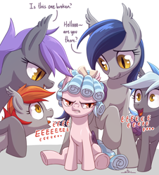 Size: 1316x1458 | Tagged: safe, artist:stoic5, cozy glow, oc, oc:echo, oc:midnight blossom, bat pony, pony, g4, abuse, bat ponified, bat pony oc, bat wings, bully, bullying, cozy glow is not amused, cozybetes, cozybuse, cute, eeee, female, filly, foal, race swap, requested art, simple background, sitting, white background, wings