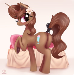 Size: 4153x4218 | Tagged: safe, alternate version, artist:nevobaster, oc, oc only, oc:buttercup shake, pony, unicorn, bed, blushing, butt, dock, female, flower, flower in hair, looking at you, looking back, mare, plot, raised hoof, smiling, solo, tail aside, tail wrap