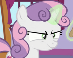 Size: 435x350 | Tagged: safe, edit, edited screencap, screencap, sweetie belle, pony, unicorn, g4, on your marks, >:), cropped, female, filly, glowing horn, horn, inverted mouth, levitation, magic, magic aura, solo, sweetie belle's magic brings a great big smile, telekinesis