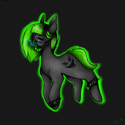 Size: 1500x1500 | Tagged: safe, artist:rise_of_evil_69, oc, oc only, oc:acid, earth pony, pony, bracelet, ears, ears up, eye, eyebrow piercing, eyebrows, eyes, female, gas mask, green mane, jewelry, mare, mask, piercing, red eyes, simple background, smiley face, solo, spikes