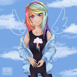 Size: 1061x1061 | Tagged: safe, artist:vilyann, part of a set, rainbow dash, human, g4, anime, clothes, colored pupils, cute, dashabetes, female, floating wings, hoodie, humanized, looking at you, solo, wings