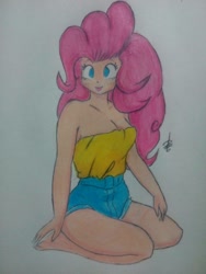 Size: 1224x1632 | Tagged: safe, artist:12alvaro, pinkie pie, equestria girls, g4, barefoot, clothes, denim shorts, feet, female, happy, kneeling, pink hair, shorts, solo, sultry pose, tomboy, top, traditional art