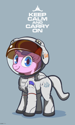 Size: 1200x2000 | Tagged: safe, artist:darkdoomer, diamond tiara, earth pony, pony, g4, astronaut, colored, coronavirus, covid-19, female, filly, flat colors, keep calm and carry on, looking at you, positive ponies, poster, simple background, solo, spacesuit