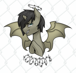 Size: 799x768 | Tagged: safe, artist:magicstarfriends, oc, oc only, oc:schurl miller, bat pony, barbed wire, broken horn, grin, horn, smiling, spread wings, wings