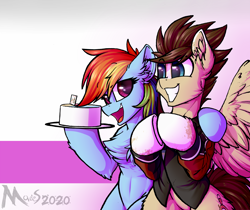 Size: 2750x2305 | Tagged: safe, artist:movieskywalker, derpibooru exclusive, rainbow dash, oc, oc:skittle, pegasus, pony, g4, bipedal, birthday cake, cake, canon x oc, duo, female, food, high res, looking at each other, male, open mouth, pegasus oc, shipping, simple background, skidash, smiling, straight, wearing human clothes, white background, white hooves, wings