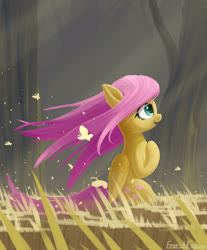 Size: 1900x2300 | Tagged: safe, artist:emeraldgalaxy, fluttershy, butterfly, pegasus, pony, g4, cute, female, folded wings, grass, high res, mare, open mouth, outdoors, profile, shyabetes, sitting, solo, tree, wind, wings