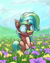 Size: 1600x2000 | Tagged: safe, artist:rocket-lawnchair, oc, oc only, butterfly, pony, unicorn, broken horn, butterfly on nose, chest fluff, commission, cute, female, field, flower, glasses, horn, insect on nose, mare, ocbetes, scenery, sitting, smiling, solo