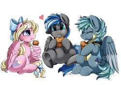 Size: 3550x2509 | Tagged: safe, artist:pridark, oc, oc only, oc:bay breeze, oc:cloud zapper, oc:storm surge, pegasus, pony, chewing, eating, female, floating heart, food, heart, high res, male, muffin, trio