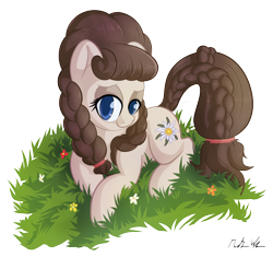 Size: 1150x1080 | Tagged: safe, artist:michinix, oc, oc only, oc:connie bloom, earth pony, pony, adorable face, big tail, blue eyes, brony, brown hair, convention, curly hair, cute, ebc, ebc 2020, edelweiss, eurobronycon, eurobronycon 2020, female, flower, grass, looking at you, lying down, mare, mascot, simple background, smiling, solo, tail, transparent background