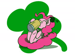 Size: 1800x1350 | Tagged: safe, artist:flutterluv, pinkie pie, earth pony, pony, g4, cider, cup, cute, drink, drinking, eyes closed, female, hat, holiday, hoof hold, saint patrick's day, shamrock, solo, underhoof