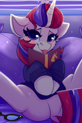 Size: 2000x3000 | Tagged: safe, artist:shadowreindeer, moondancer, pony, unicorn, g4, blushing, book, butt touch, clothes, featureless crotch, female, high res, solo, sweater, tongue out
