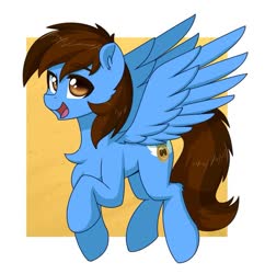Size: 879x909 | Tagged: safe, artist:puetsua, oc, oc only, oc:pegasusgamer, pegasus, pony, chest fluff, flying, happy, looking at you, simple background, wings