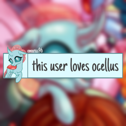 Size: 600x600 | Tagged: safe, artist:whitediamonds, edit, ocellus, silverstream, yona, changedling, changeling, classical hippogriff, hippogriff, yak, g4, blurry, blurry background, cute, diaocelles, female, grin, looking at you, offscreen character, open mouth, raised hoof, smiling, smiling at you, spread wings, user box, wings