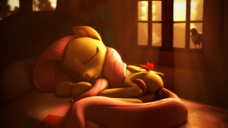 Size: 3840x2160 | Tagged: safe, artist:psfmer, fluttershy, bird, butterfly, pegasus, pigeon, pony, g4, 3d, 4k, bed, butt, curled up, dock, eyes closed, female, fluttershy's bedroom, fluttershy's cottage, high res, mare, on side, plot, revamped ponies, sleeping, solo, source filmmaker, sunrise, tongue out, tree, wallpaper, window